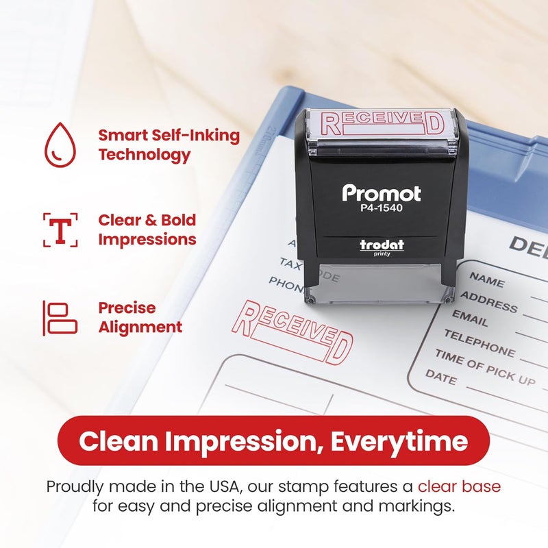 Promot Received Self Inking Rubber Stamp - Refillable Received Stamper - Business, Bookkeeping, Ordering, Accounting, Work, Office Stamps - Red Ink - Image 3